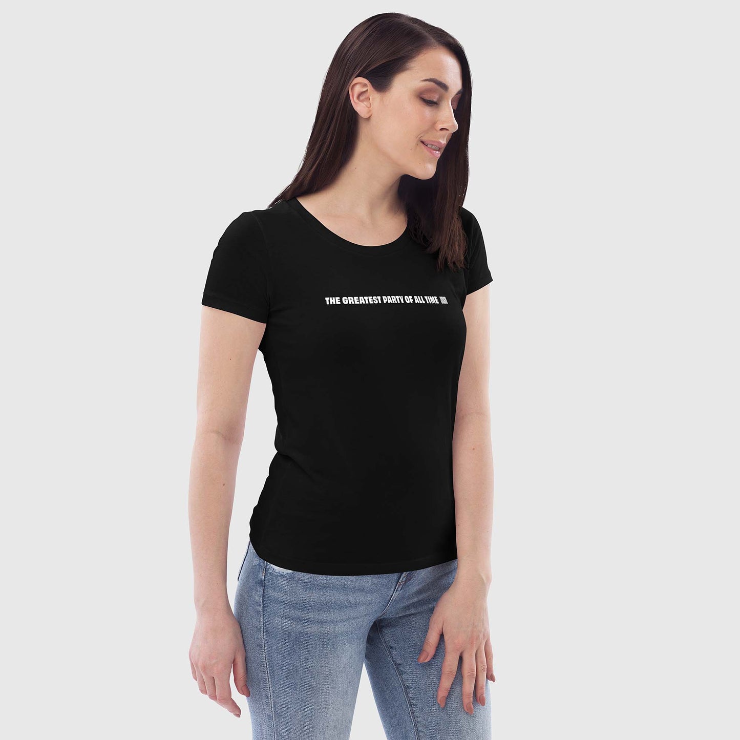 Women's black fitted organic cotton t-shirt with English 2269 party message