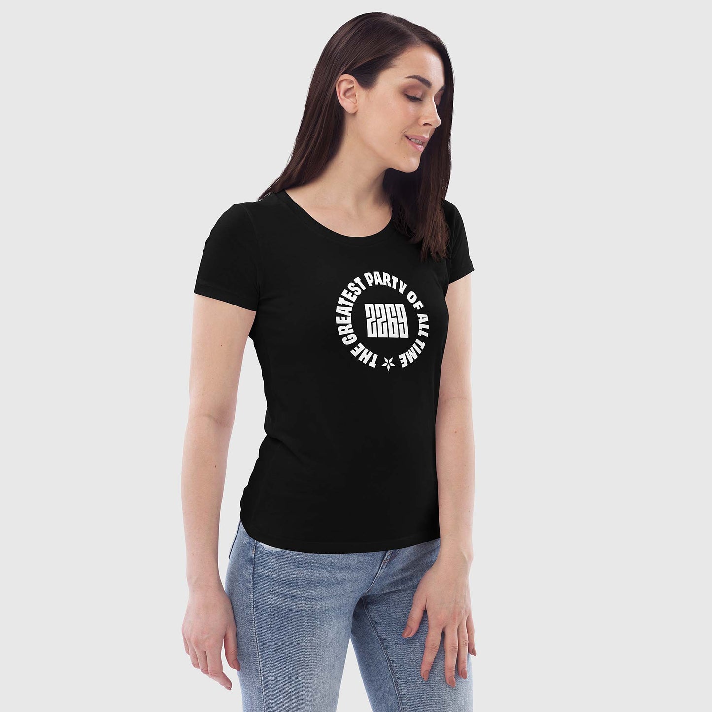 Women's black fitted organic cotton t-shirt with English 2269 party circle