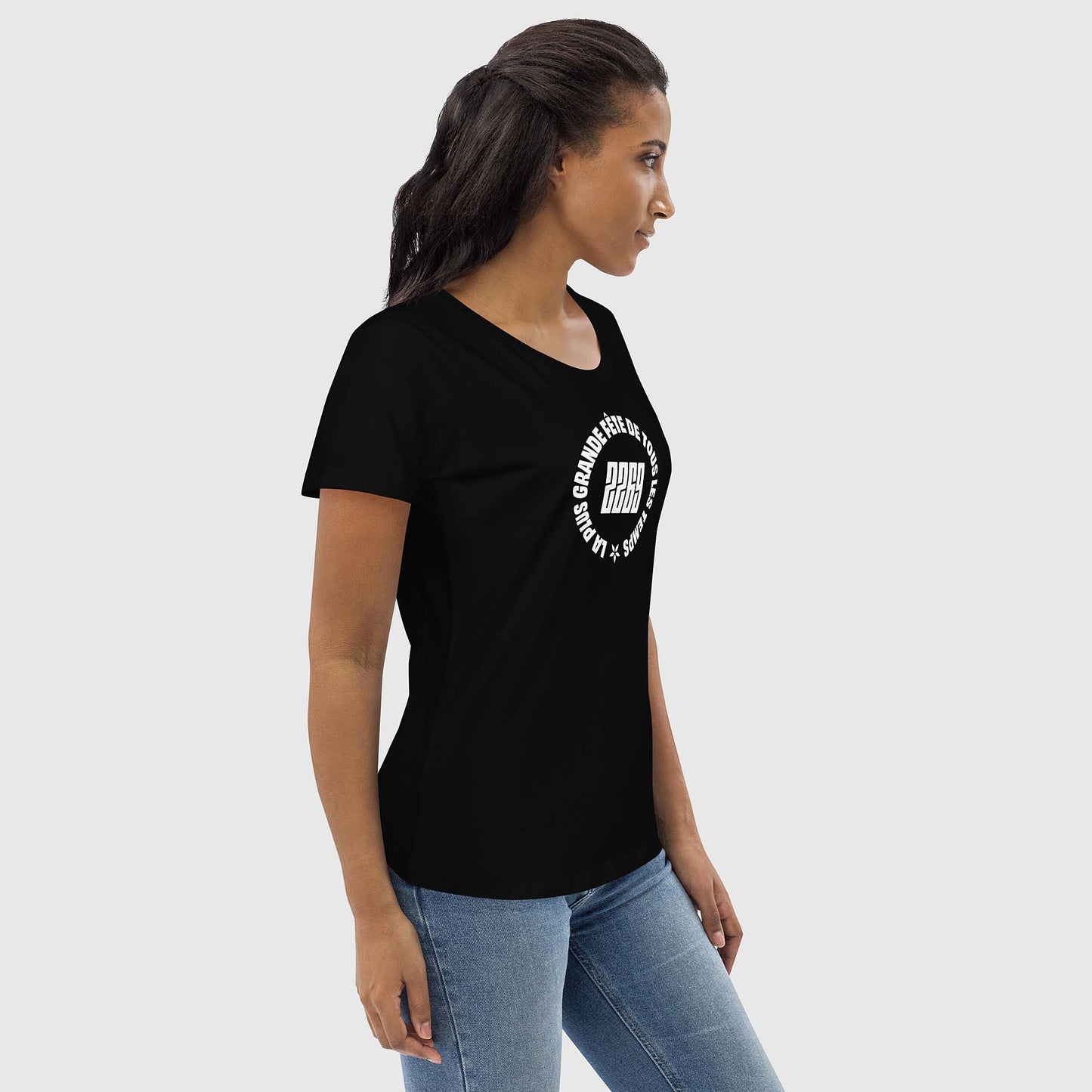 Women's black fitted organic cotton t-shirt with French 2269 party circle