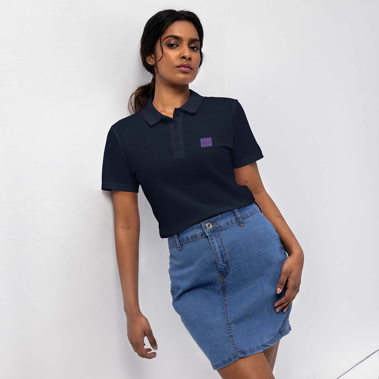 Women’s navy pique polo shirt with embroidered 2269 logo