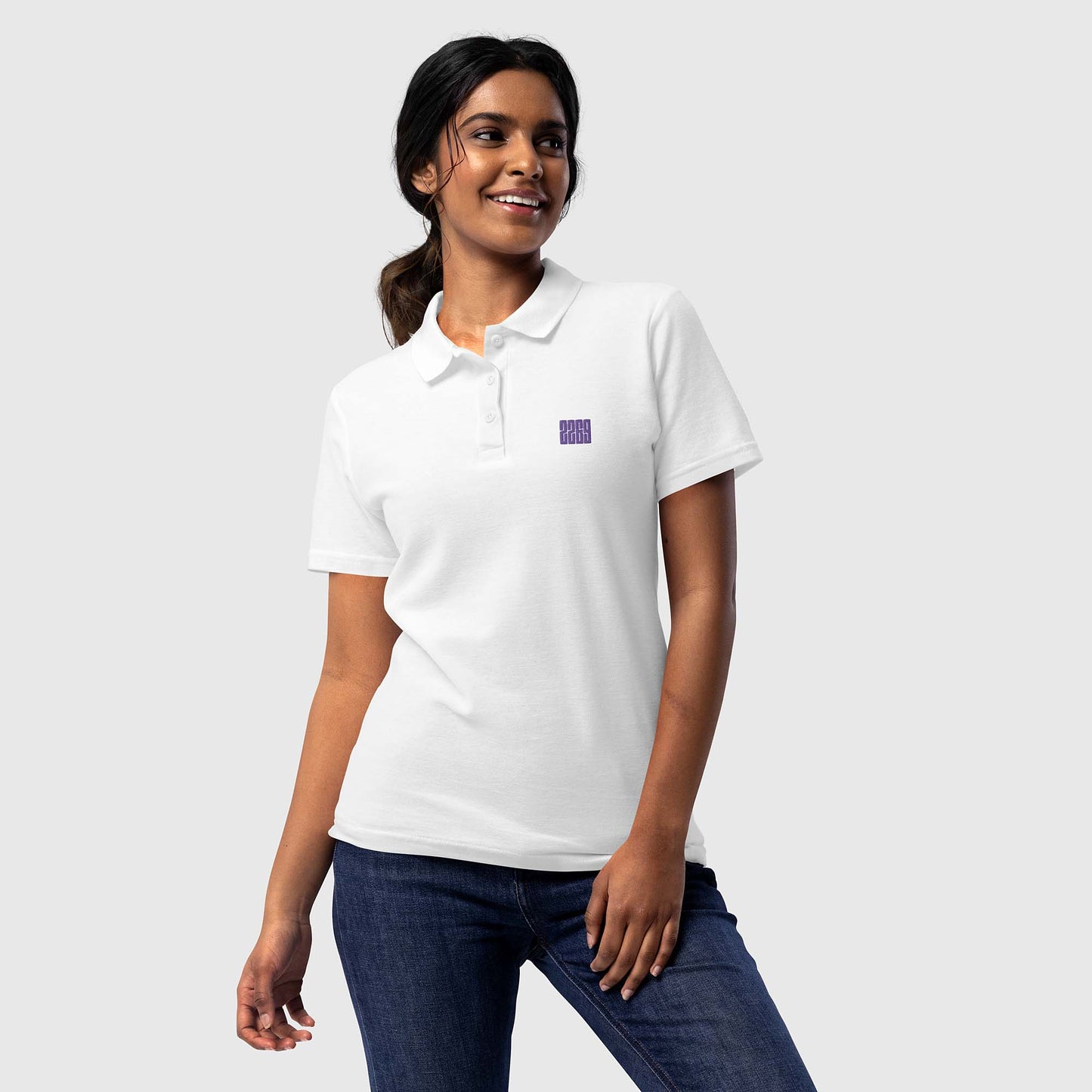 Women’s white pique polo shirt with embroidered 2269 logo